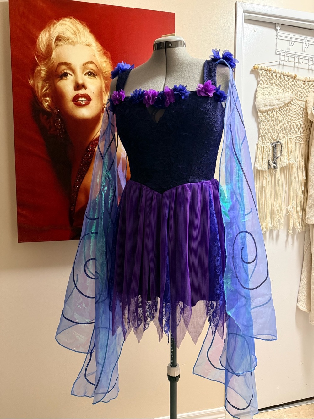Purple and Blue Fairy Costume Dress with Floral Accents and fabric wings